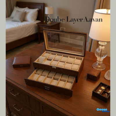 Premium Quality Brown PU Leather Watch Box – 24 Slot Luxury Organizer with Key Lock