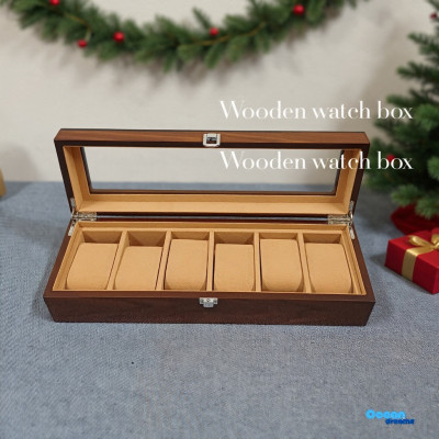 Coffee Wooden 6-Slot Watch Organizer Box with Glass Lid | Compact Wooden Watch Case
