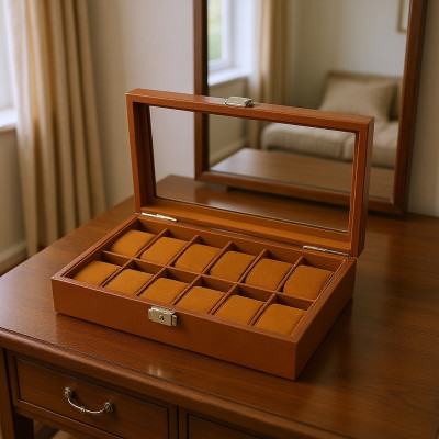 Premium Quality Tan PU Leather Watch Box – 12 Slot Luxury Organizer with Key Lock