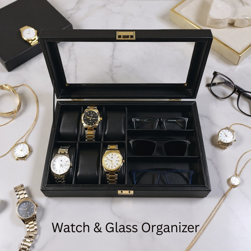 Premium Quality Full Black PU Leather Watch & Sunglass Box – 6 Watch + 3 Sunglass Organizer with Key Lock