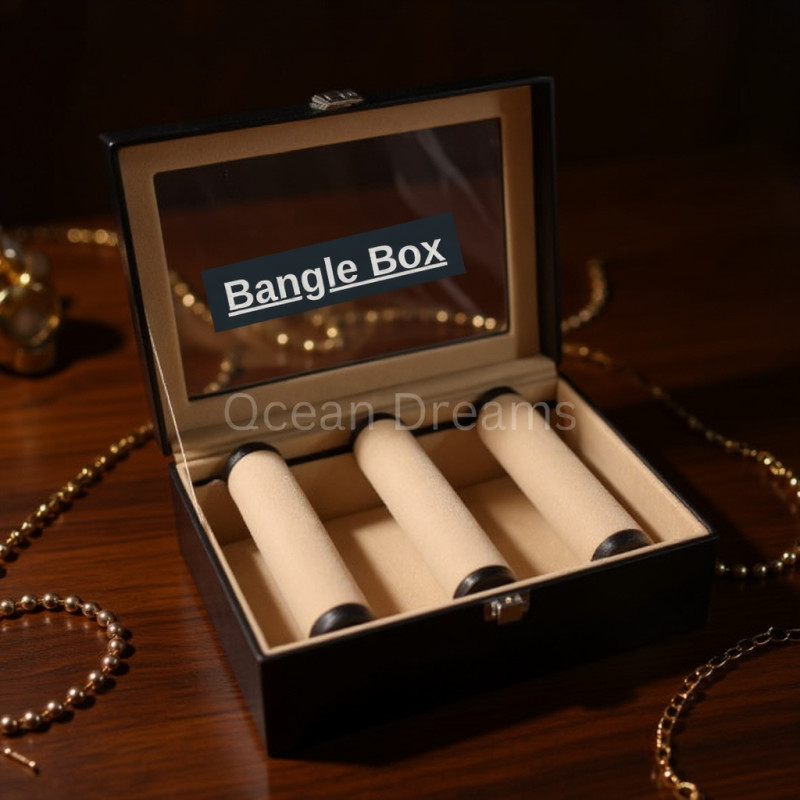 Premium 3 Roll Bangle Organizer Box – Velvet Interior & Glass Top (Cream)