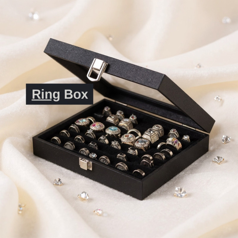 Premium 6 Slot Ring Storage Box with Glass Top | Black Color