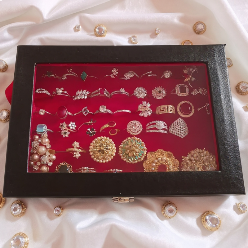 Premium 6 Slot Ring Storage Box with Glass Top | Red Color