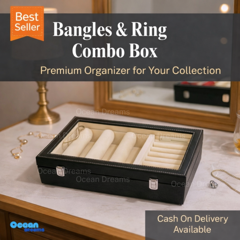 Velvet Bangles & Ring Organizer Box with Glass Top | Cream Color